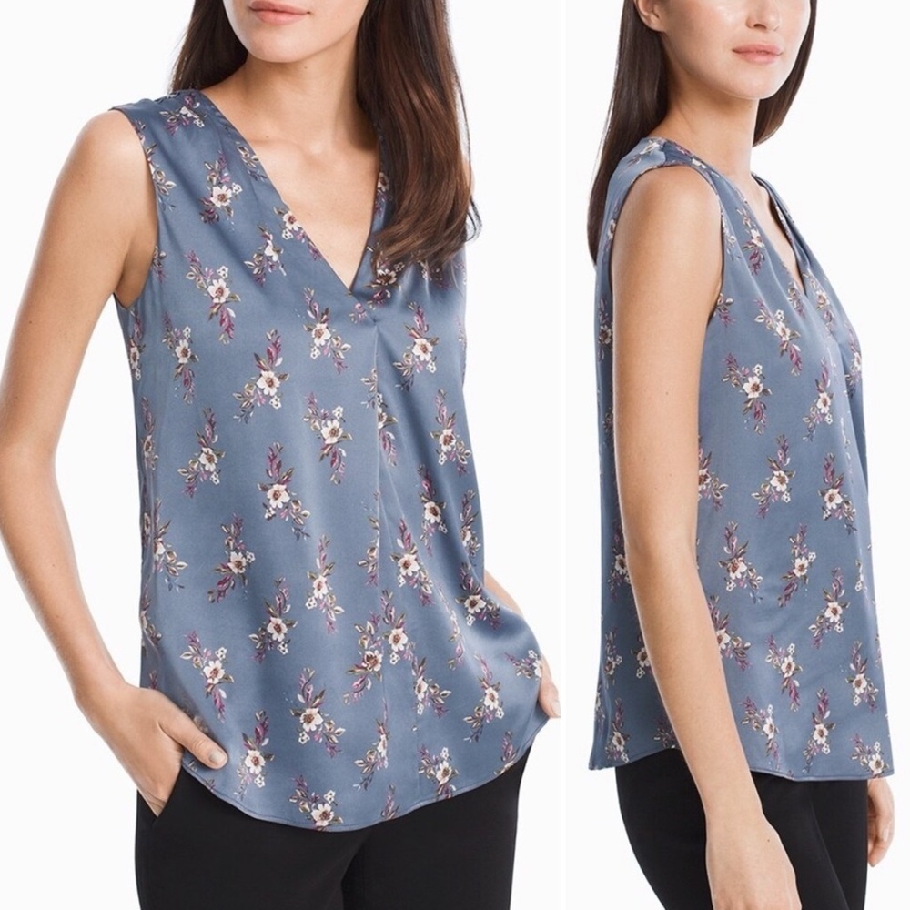 White House Black Market Single Pleat Blue Floral Sleeveless Blouse